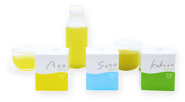 Green Tea Asa(あさ・朝)2g × 10 袋、Green Tea Kokozo(ここぞ)4g × 7 袋 、Green Tea Soto(そと・外)2g × 10 袋